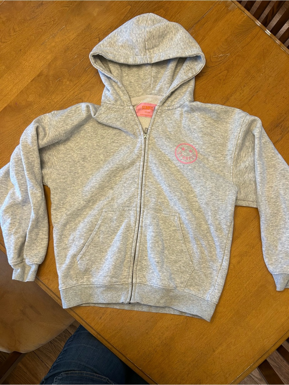 Light Gray Full-Zip Hoodie with Pink Logo